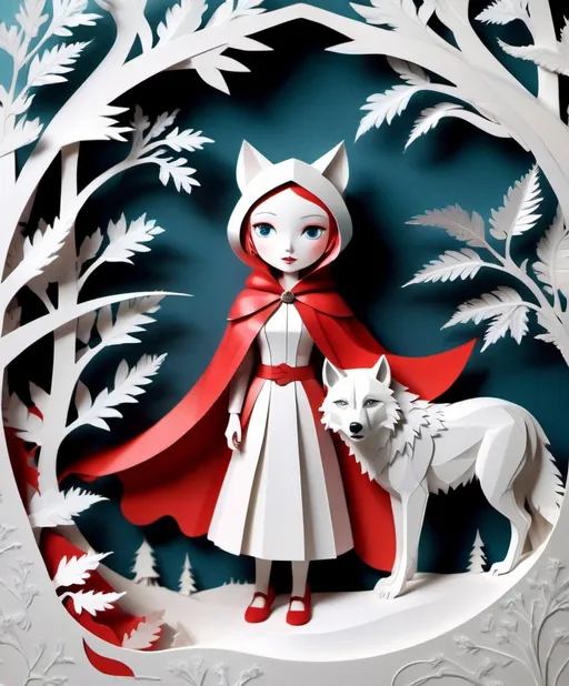 Prompt: The beautiful Little Red Riding Hood is in love with the Big white Winter wolf. paper cutout, washi paper, cardboard relief, detailed, fern leaves, Snow, by artgerm, Megan duncanson, James Jean, shaun tan, madoka magica, by kay nielsen, embossing fairy tale, whimsical, trending on artstation. Super clear resolution, elegant beautiful, lovely, best quality, beautifully lit, vray tracing