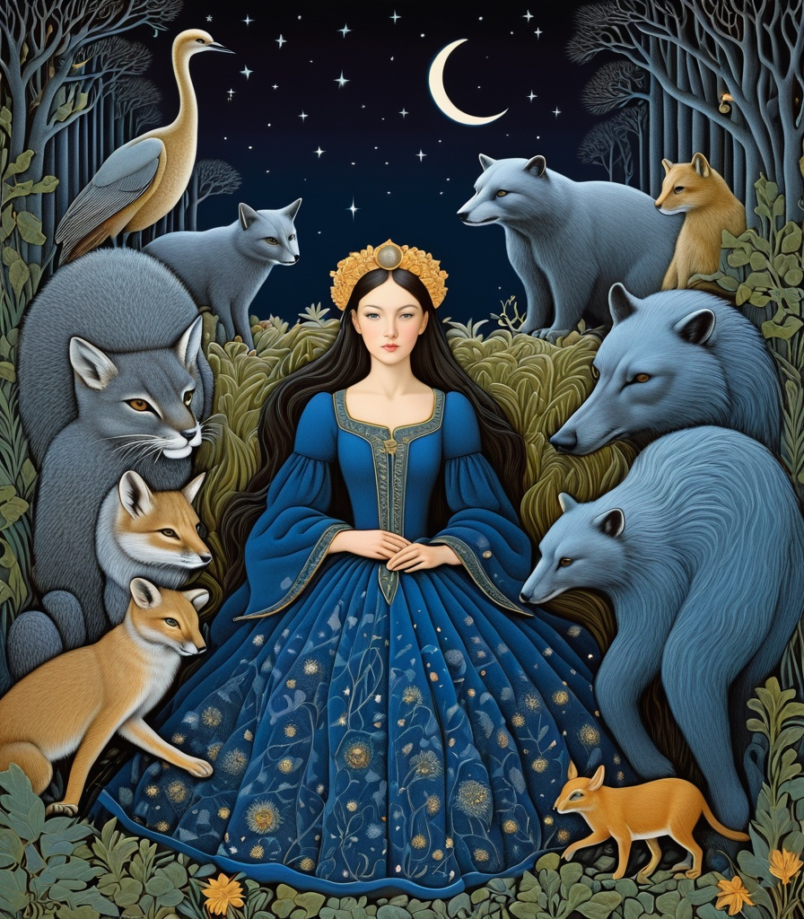 Prompt: She is a night girl with night animals style of Michael Hutter, Genevieve Godbout, Morris Hirshfield, Robert Gillmor, Amy Giacomelli. Extremely detailed, intricate, beautiful, 3d, high definition 