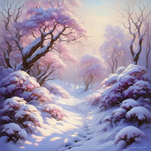 Prompt: Winter snowy landscape in the thick opalescent-white snow with blurple roses and snow-covered trees, in the style of dreamlike fantasy snowscapes, light bronze and soft-pinks, Mark Lovett, snow-covered trees, swirling vortexes, luminescence, delicate flora depictions 