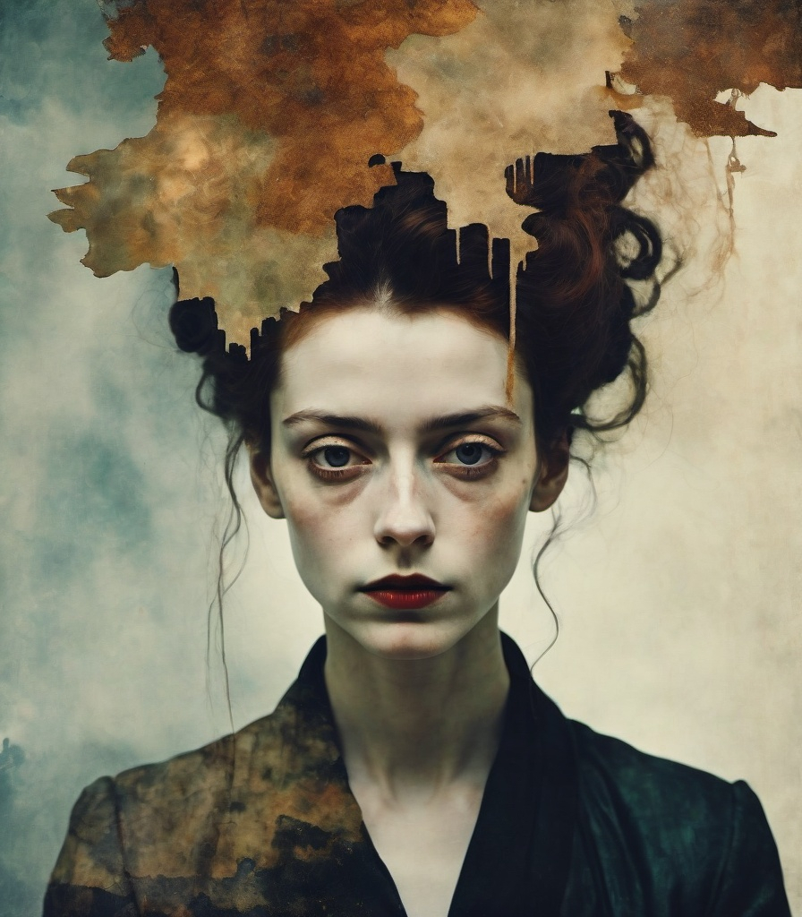 Prompt: A surreal double exposure photograph referencing Egon Schiele's expressive portraiture, with a medieval grunge interpretation that blurs the line between the subject's beautiful inner emotions and the decaying surroundings