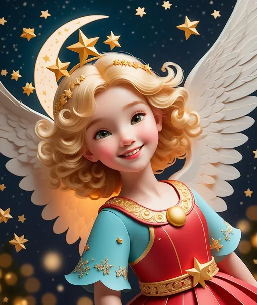 Prompt: A whimsical paper craft angel with a joyful face, golden hair, and wings, wearing a bright red dress adorned with golden stars. The angel has a playful and cartoonish style, with rosy cheeks and a smiling mouth. The background is plain to ensure the focus remains on the angel, which has a textured appearance as if made from construction paper with visible cut edges and layers.aapi Chalcedonypunk large moon in background, cherries stars moon sparkles