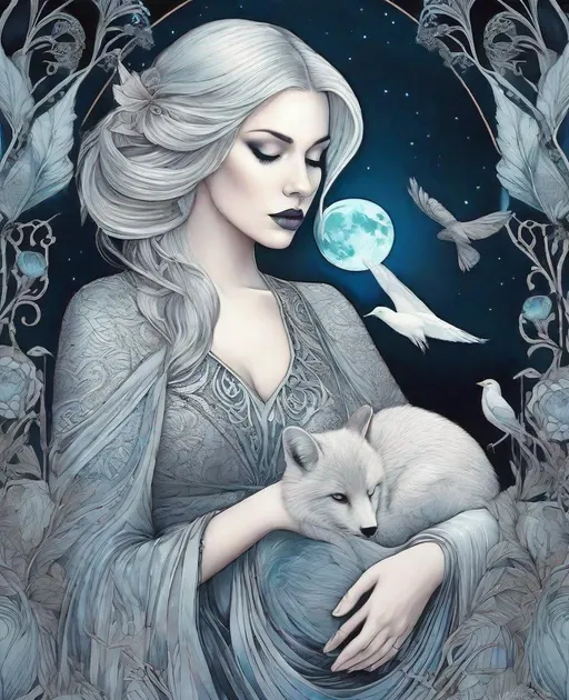 Prompt: She is a mysterious Lady of the moonlight night surrounded by animals style of Kathy Fornal, Jenny Frison, Daarken, Jessica Durrant, Sophie Delaporte. 3/4 body portrait, Cold Chrome colors tone, Extremely detailed, intricate, beautiful, 3d, high definition