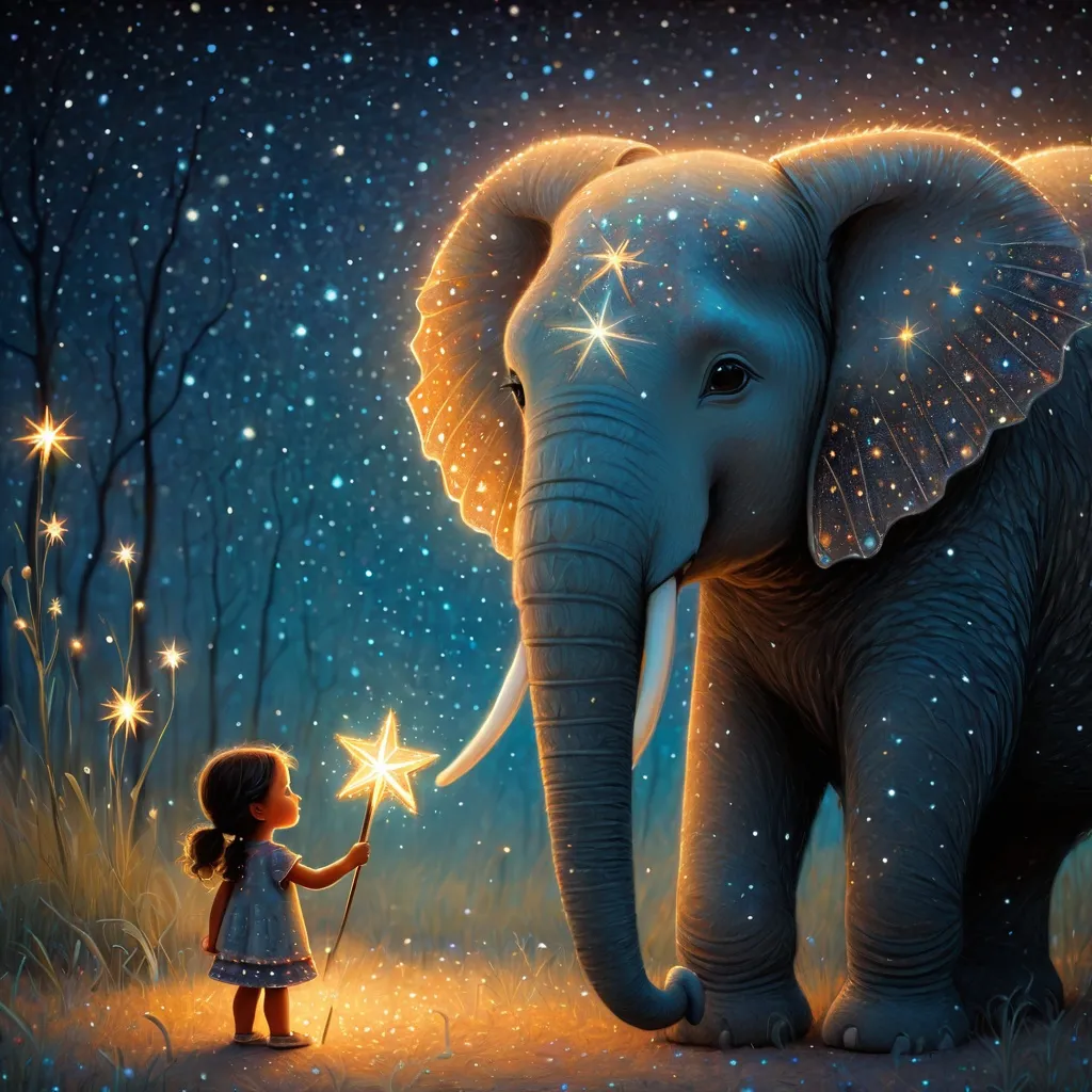 Prompt: The little native American super cute girl holding her star magic wand posing with her cute elephant friend. In style of james r eads and Sam Toft. Naive art, 3d, extremely detailed, intricate cinematic lighting, high definition 