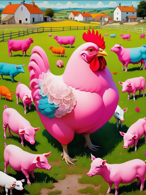 Prompt: strangely beautiful plump metaphorical chicken doily twin sisters on a farm in France, with dayglo color blocking, surrounded by pigs, sheep, and cows, constructivist glitch art by the Coen Brothers, Limbourg brothers, Elina Brotherus 