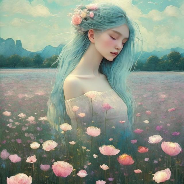 Prompt: A very pretty dreamy girl, beautiful face, long floating platinum silver and rose hair in a field of flowers art by Lin Fengmian, Anna dittmann, Justin Gaffrey, John Lowrie Morrison, Patty Maher, John Ruskin, Chris Friel, van Gogh, Valerie Hegarty, endre penovac. 3d, soft colors watercolors and ink, beautiful, fantastic view, extremely detailed, intricate, best quality, highest definition