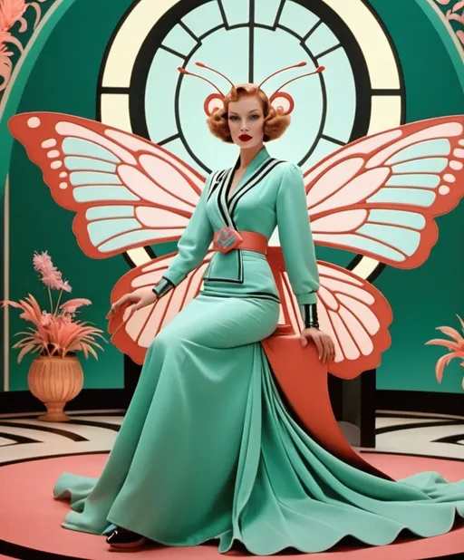 Prompt: Art Deco Clothing | Subject: A movie scene from a 1980s los angeles sci-fi film of the metamorphosis of a butterfly into a domestic lobster | Artistic Method: Gerda Wegener | Artistic Method: pastel deco cinema 4D 