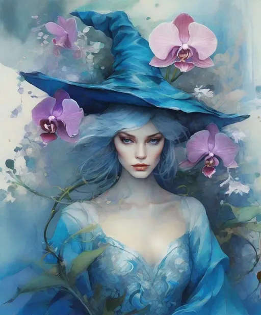 Prompt: A very pretty dreamy orchid witch is so blue, dragons are eating her flowers, style by Stefanie Schneider, Bob Peak, John Reuss, Justin Gaffrey, John Lowrie Morrison, Patty Maher, van Gogh, Valerie Hegarty, 3d, highest definition, rich colours.  
 Watercolor, trending on artstation, sharp focus, 