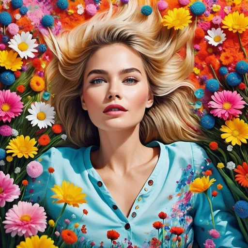 Prompt: Style By Paco yao and Elisabeth Fredriksson: Waking up in spring, a beautiful girl in a bed in the middle of a field of flowers, a vivid explosion of colors and visual stunning sensations, naive art, impasto, 