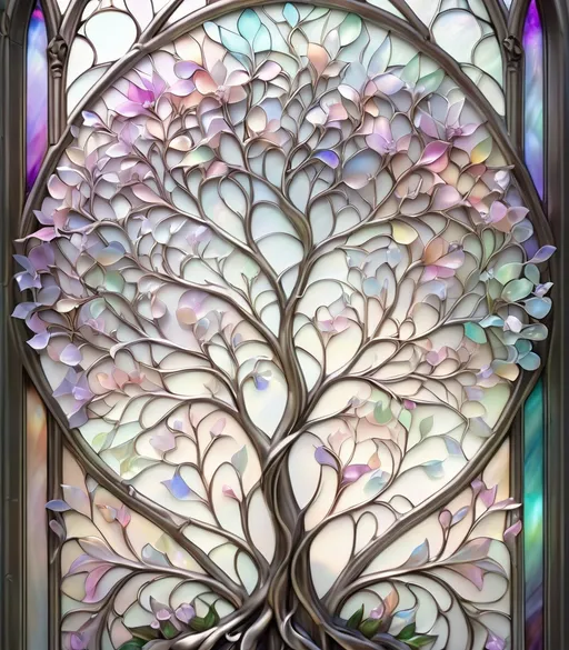 Prompt:  silver and light bronze metallic tree made of delicate pastel flower bouquets and ethereal vines, in the style of luminous pastel-colored stained glass, iridescent pastels, metallic etherealism, in the style of layered translucency, intricate, delicate flowers, breathtakingly beautiful, hyper-detailed, high clarity, crisp and clean, sharp focus, digital mixed media, glossy finish, delicate fragility juxtaposed against a medieval grunge background