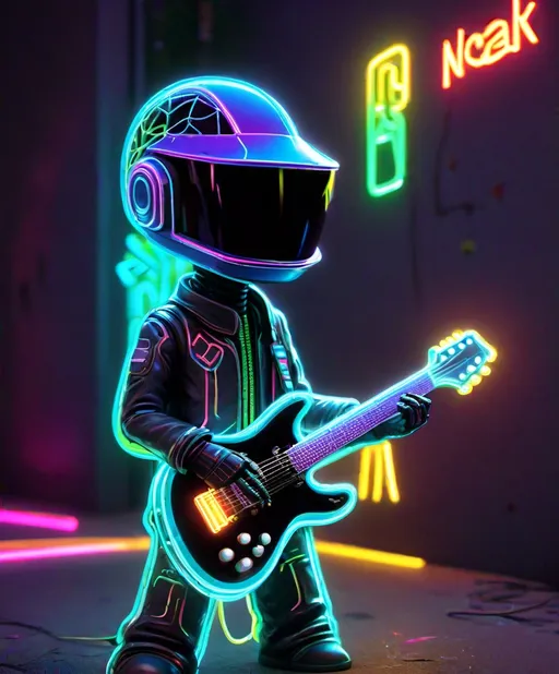 Prompt: heavy metal alien as pixar style cartoon but made for adults of a skinny thug creature playing guitar on a graffiti string at a wall and playing a string neon network artwork out of neon silk glow worm thread, daft punk light artwork, 3d rendering, octane render, virtual darkness, artful sacred geometry, art by ChrisWaikikiAI 