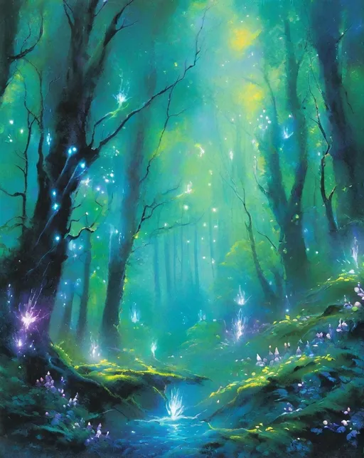 Prompt: will-o'-the-wisp forest magic, electric colors, ethereal beings