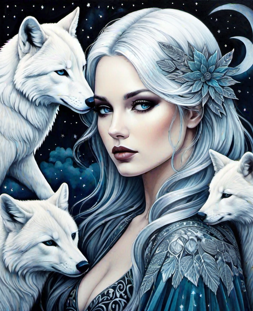 Prompt: She is a mysterious Lady of the moonlight night surrounded by animals style of Kathy Fornal, Jenny Frison, Daarken, Jessica Durrant, Sophie Delaporte. 3/4 body portrait, Cold Chrome colors tone, Extremely detailed, intricate, beautiful, 3d, high definition