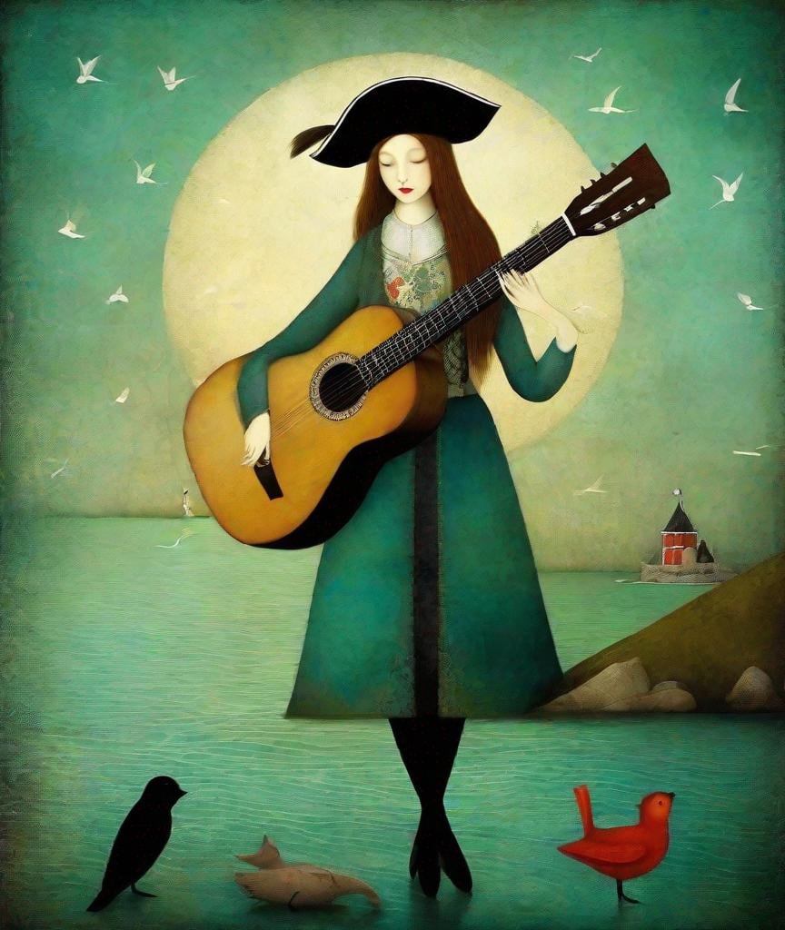 Prompt: Style by Gabriel Pacheco, Catrin Welz-Stein, Dee Nickerson, Kathleen Lolley, Tara McPherson, The wandering old mythical pirate wizard plays a whimsical tune on his guitar, by the sea moonlight, the animals listen, whimsical, Vivid colors, beautiful, dreamy. 