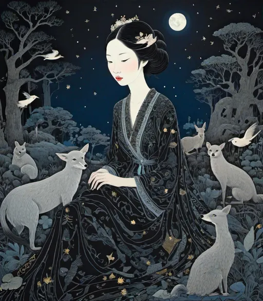 Prompt: She is a night girl with night animals style of Genevieve Godbout, Robert Gillmor, Amy Giacomelli, Wu Guanzhong. Extremely detailed, intricate, beautiful, 3d, high definition 