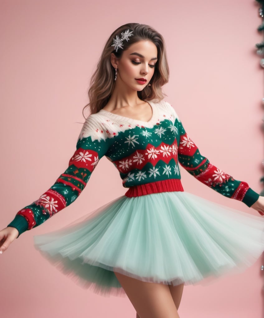 Prompt: a gorgeous ballerina, dancing with a ugly Sweater dress , soft colored, lush aesthetic