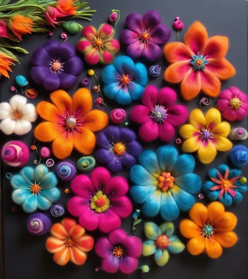 Prompt: Needle felted creation, exhibiting a stellar flower design, vibrant and imaginative, beyond ordinary floral concepts::7 Explosion of colors, vivid and diverse, each petal showcasing a unique and radiant hue::2 Stellar-inspired elements, such as twinkling star-like spots and galaxy swirl patterns on the petals, resembling opaltwinkle::6 Unearthly shapes and textures, combining aspects of celestial bodies and exotic terrestrial flora::5 Ethereal glow, as if the flower is illuminated from within, enhancing its otherworldly appearance::15 Set against a contrasting dark background, emphasizing the brightness and variety of its colors::7 Incorporating subtle hints of traditional floral designs, yet distinctly alien and innovative in its overall form