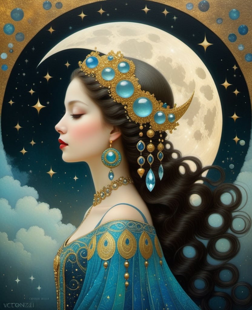 Prompt: moon princess inspired by Catrin Welz - Stein, Victor Nizovtsev, Gustav Klimt, highly detailed and elegant painting, organic surrealistic shapes, exquisite composition, intricate detail, ultra maximalism