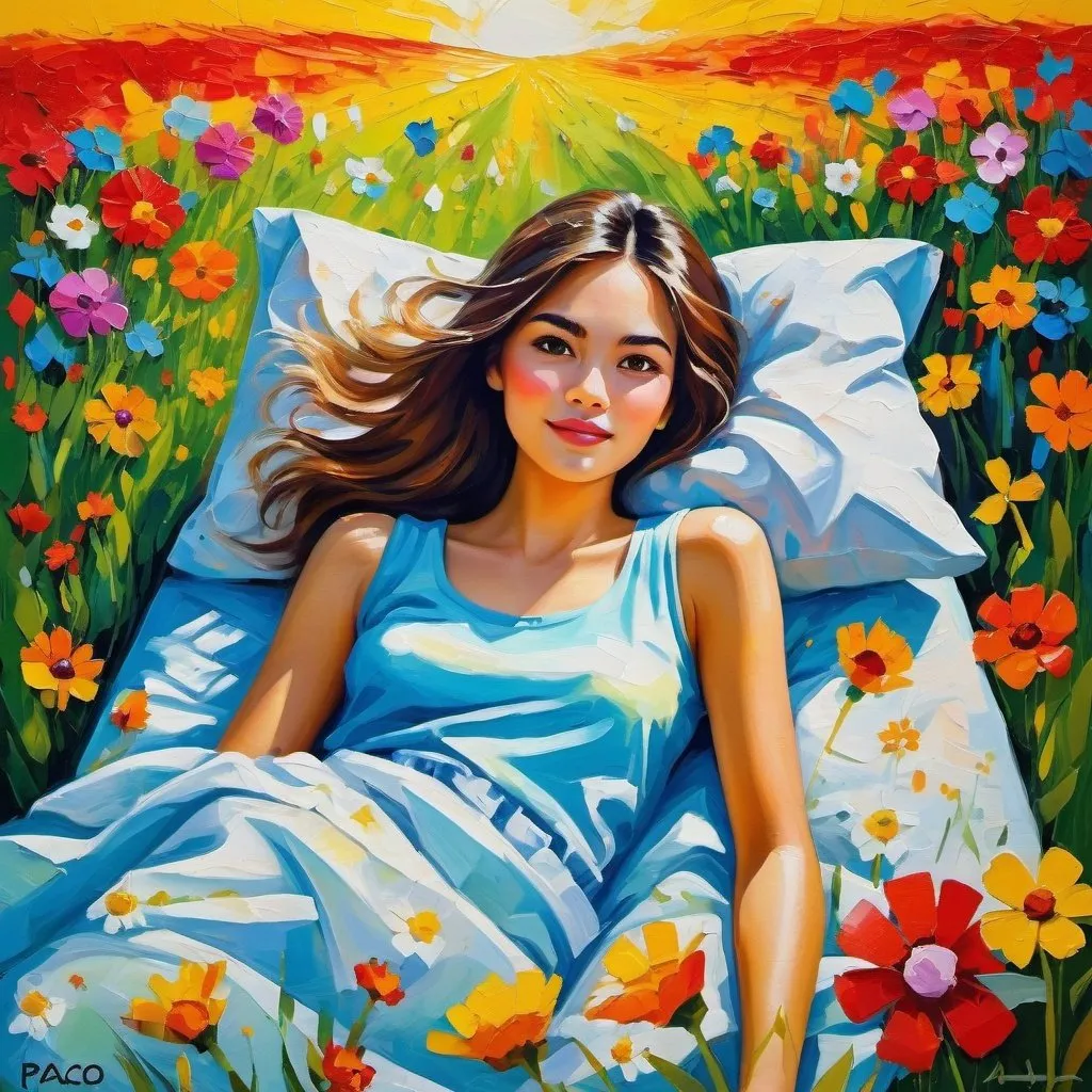 Prompt: Style By Paco yao; Waking up in spring, a beautiful girl in a bed in the middle of a field of flowers, a vivid explosion of colors and visual stunning sensations, naive art, impasto, 