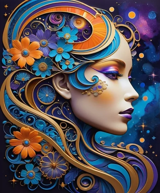 Prompt: A vibrant, abstract portrait blending human features with cosmic and floral elements. Swirls of blue, purple, orange, and gold come together to form a side profile of a face. The image exudes a psychedelic, dream-like quality with intricate patterns reminiscent of art nouveau intertwined with celestial motifs on a dark, textured background.