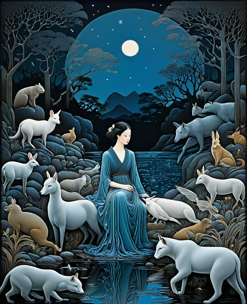 Prompt: Dufaycolor photograph: She is a mysterious girl of the moonlight night surrounded by night animals style of Genevieve Godbout, Sophie Delaporte, Charles Maurice Detmold, Robert Gillmor, Amy Giacomelli, Wu Guanzhong. Cold Chrome colors tone, Extremely detailed, intricate, beautiful, 3d, high definition