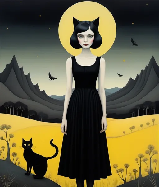 Prompt: Ghastly eccentric pale young lady wonder, wearing a strange asymmetrical black dress, holding a creepy cute yellow cat, Ruben Ireland, Mindy Sommers, Paolo Uccello, Marc Johns, a surreal dreamy landscape background by Sam Chivers, piercing odd colored eyes, encaustic texture.