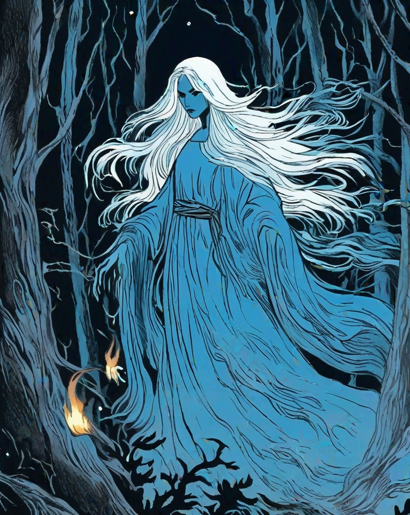 Prompt: Will-o'-the-Wisp in a form of a beautiful female spirit, ghost, blue, long white hair, nice face, angry, furious. entire body, in the burning forest at night