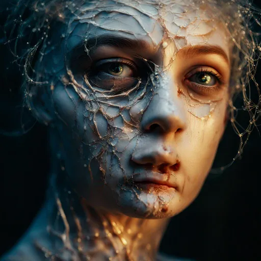 Prompt: photo taken with fuji superia, 8k, wet sinusoidal dripping lines, 100 stripes, porcelain doll, bald, human, frozen crackles, dew, face art, fractalalia eyes, fractal hair, face muscles, portrait, skin texture, quilling, soft light, golden hour, creepy beautiful