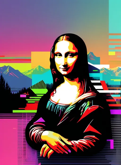 Prompt: constructivist glitch art, mona lisa as a digital call centern agent reaching out to the viewer 