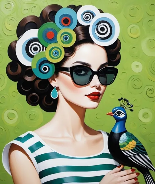 Prompt: Naive folk art, impasto brushstrokes texture, a stylish woman with surreal, swirly hair resembling curls, stripes, and peacock feathers in a palette of black, white, and shades of brown. She is wearing large round sunglasses, and red lipstick, and has a porcelain complexion. The woman is holding a small espresso cup with steam rising delicately from it. On her shoulder rests a vibrant green bird with a blue head, adding a pop of color to the scene. Her attire features a black and white polka-dot dress, and the background is composed of soft blue and white horizontal stripes.