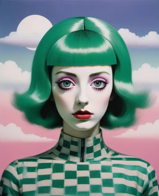 Prompt: appalachian vaporwave gir with  eyes and hair in fornasetti style, by laurie simmons 