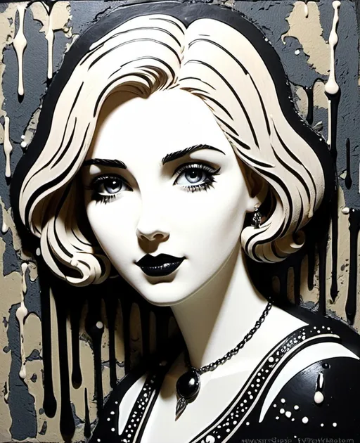 Prompt: Mixed media 3d relief, a beautiful young lady film noir, cleverly constructed in the style of grunge medieval alcoholink splatter drips, Albert Koetsier, Irmgard Schoendorf Welch