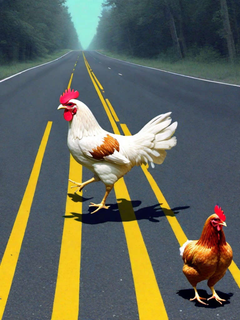 Prompt: metaphorical Chicken crossing proverbial Road, digital collage, glitching, video artifacts, fragmented, pixel shifting, --style raw