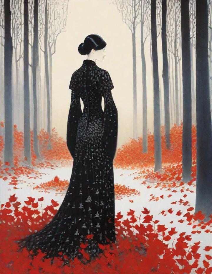 Prompt: A beautiful young lady, beautiful face, wearing black/silver dress in a ghostly forest of white stem trees with red leaves art by  Masaaki Sasamoto, Yves Saint-Laurent, Paolo Roversi, Thomas Edwin Mostyn, Hiro isono, James Wilson Morrice, Axel Scheffler, Gerhard Richter, pol Ledent, Robert Ryman. Guache Impasto and volumetric lighting. Mixed media, elegant, intricate, beautiful, award winning, fantastic view, 4K 3D, high definition, hdr, focused, iridescent watercolor and ink