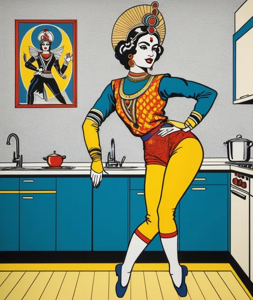 Prompt: In the "Dream Dancer" pose, the head tilts gently, one arm and leg reach skyward, while the opposite arm and leg curve earthward. caricature of yakshagana drawing by roy lichtenstein A ballet dancer does a pirouette, full-length portrait photo, a robot woman in her late 30s, full-figured and wide-hipped, in an ensemble that includes leggings, inside a kitchen, with a surprised anxious expression, discomfort, awkwardness. blurred modern kitchen background art deco retrofuturism of what people of the 1920s thought would be the bento technology of the "2024", vintage retrofuturism mechanics, technologies of the future but of the past, "2024" 