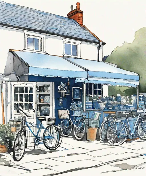 Prompt: hand drawn illustration of a garage sale shop with bicycle outside, in the style of quirky pottery, white and blue, henry scott tuke, villagecore, barclay shaw, chic illustrations, archillect