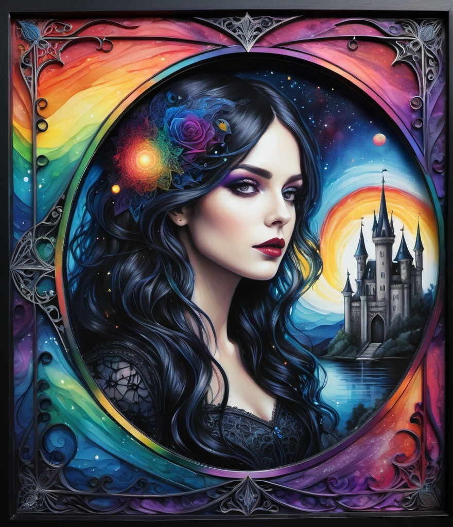 Prompt: a zentangle ferrotype portrait of In a gothic galaxy castle a vampire gazes through a window at the ethereal magic layers swirling in the vivid rainbow solar night in the style of Melanie Delon,  Victoria Francés, Rebeca Saray, Lin Fengmian, Anna dittmann, Justin Gaffrey, Michael Creese