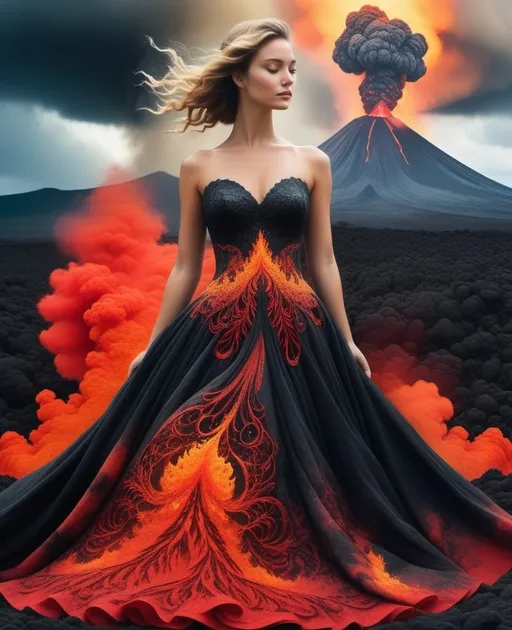 Prompt: Double exposure of a beautiful surreal goddess, the bottom of her dress is a volcano erupting molten filigree lava (use crossed colors from Black to red, sparkling fire), her upper body is made of the volcano dusty clouds, impasto, encaustic paint, volumetric lighting 