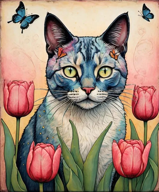 Prompt: encaustic texture gradient crossed colors, a whimsical beautiful cat profile looking up with a butterfly perched in its nose, in a field of tea rose tulips, piercing odd colored eyes, Marc Johns, Javier Mariscal, Charles Rennie Mackintosh  style