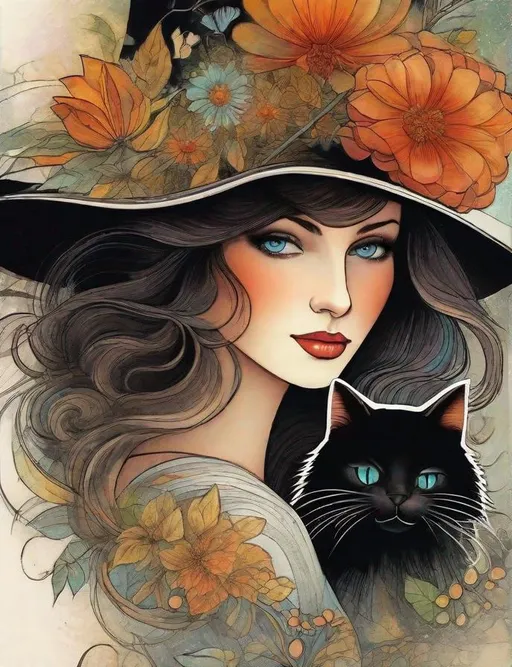Prompt: A mesmerizing witch with pretty face and beautiful green eyes surrounded by magical flowers and her black cat art by Anna and Elena Balbusso, Marc Allante, Charles Robinson, pol Ledent. inlay, watercolors and ink, beautiful, fantastic view, extremely detailed, intricate, best quality, highest definition, rich colours. intricate beautiful, award winning fantastic view ultra detailed, 3D high definition