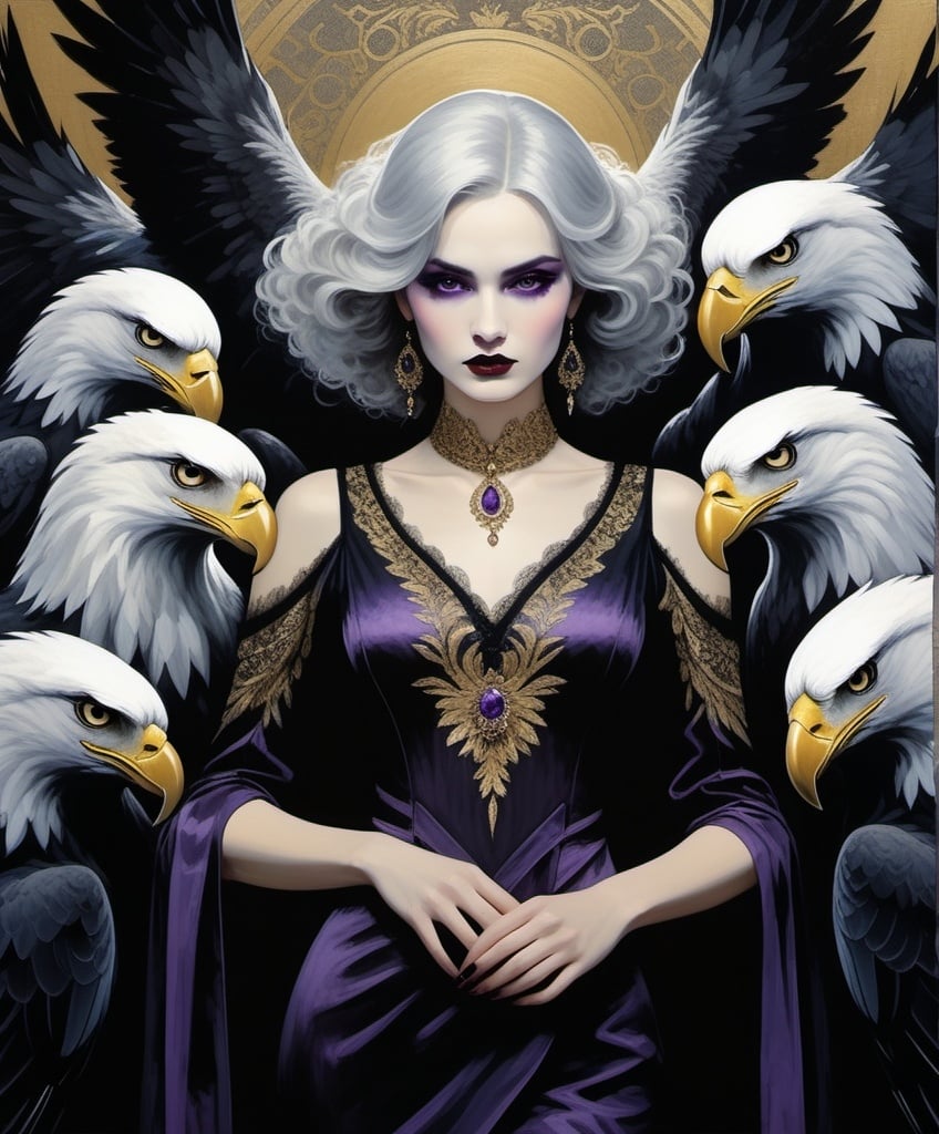 Prompt: Use style of Iren Horrors, Giuseppe de Nittis, Kees van Dongen, Warren Ellis, Maciej Kuciara: Dim lighting, Gloomy atmosphere, Gothic pale woman with dark silver hair and violet eyes, surrounded by a circular formation of nine realistic, solemn big eagles with detailed feathers. The woman is centered and wears a long lace black dress with a high neck and long sleeves. Her attire includes an intricate golden embroidery with an elaborate design. The background is a smooth, dark gradient with subtle golden elements that echo the top arch of a halo or ornate frame.