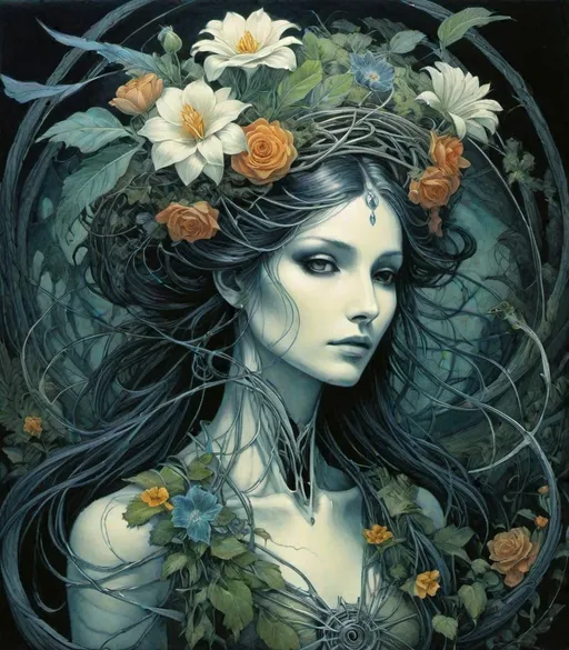 Prompt: flowers, floral, a very beautiful ephemeral woman phantom, bioffice horus ouroboros, creepy skeletal vining and twining, in the style of leonard baskin cave birds drawings, botanicalbentology, brian froud, lovecraftian Rie Cramer, Mike Dargas, Howard Chandler Christy, Michael Creese, Thomas Ascott 