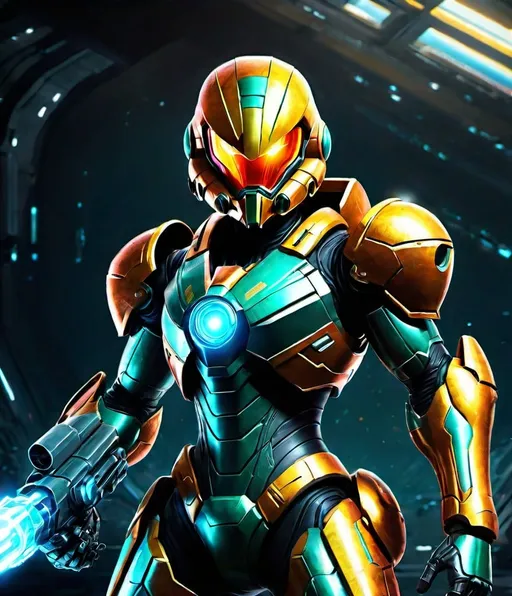 Prompt: Armored intergalactic bounty hunter, Samus Aran, in a dynamic pose, futuristic sci-fi setting, metallic armor details, glowing energy cannon, intricate helmet design, power suit with glowing elements, sleek and futuristic look, detailed textures, vibrant colors, high-resolution image, dramatic lighting casting shadows, digital artwork, hyper-realistic style, by a skilled digital artist, ArtStation showcase.