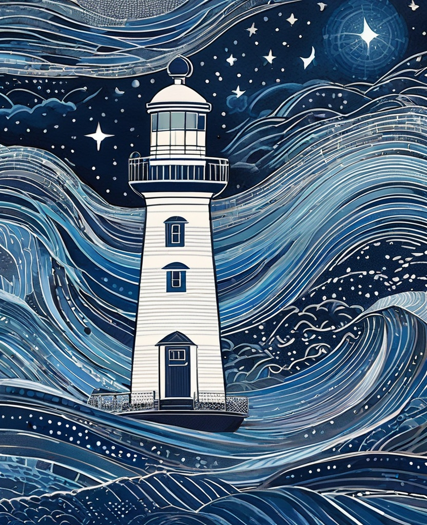 Prompt: night time drawing drawing lighthouse in the void, in the style of intricately detailed patterns, light indigo and silver, jane newland, precise nautical detail, spectacular backdrops, palewave, cosmic symbolism 