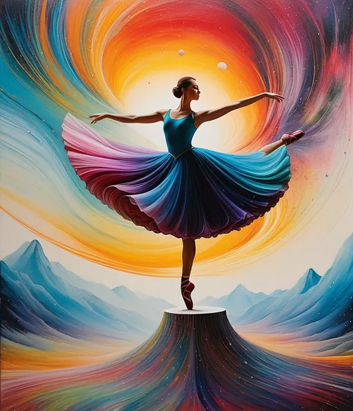 Prompt: A ballet dancer does a pirouette, a heliocentric reality revolving around art science and philosophy where our thoughts drive motion and motion inspires thought in a perpetual world of progress, encaustic painting, decoupage, idealwave dreamcore futurepunk a new world is arising in vibrant bold textures and colors more is less and less is more in an organically balanced world tipping the plane of consiousness, huzzah 