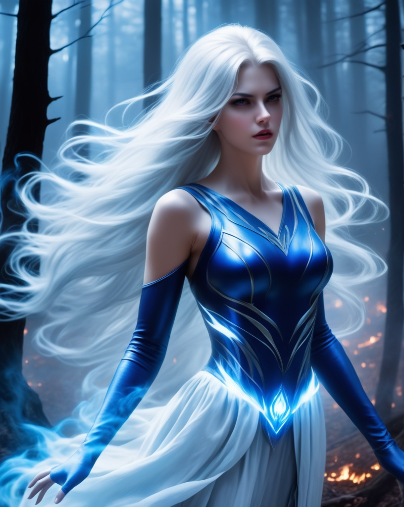 Prompt: Will-o'-the-Wisp in a form of a beautiful female spirit, ghost, blue, long white hair, nice face, angry, furious. entire body, in the burning forest at night