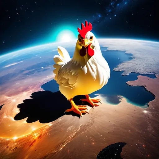 Prompt: cosmic metaphorical chicken laying the earth like an egg