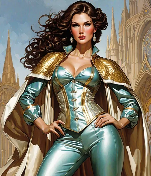Prompt: In the style of Adam Hughes, bifrost couture by westwood and mucha, vogue magazine, brunette 
