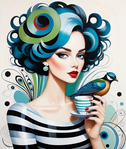 Prompt: Naive art, Style By Beatriz Milhazes, Ann Telnaes, Beatrice Alemagna, Sam Toft, Dina Wakley, Elisabeth Fredriksson, impasto brushstrokes texture, a whimsical young woman with surreal swirly hair with wild curls made of stripes, and peacock feathers in a palette of black, white, and shades of brown. She is wearing large round sunglasses, and red lipstick, and has a porcelain complexion. The woman is holding a small espresso cup with steam rising delicately from it. On her shoulder rests a vibrant green bird with a blue head, adding a pop of color to the scene. Her attire features a black and white polka-dot dress, and the background is composed of soft blue and white horizontal stripes.