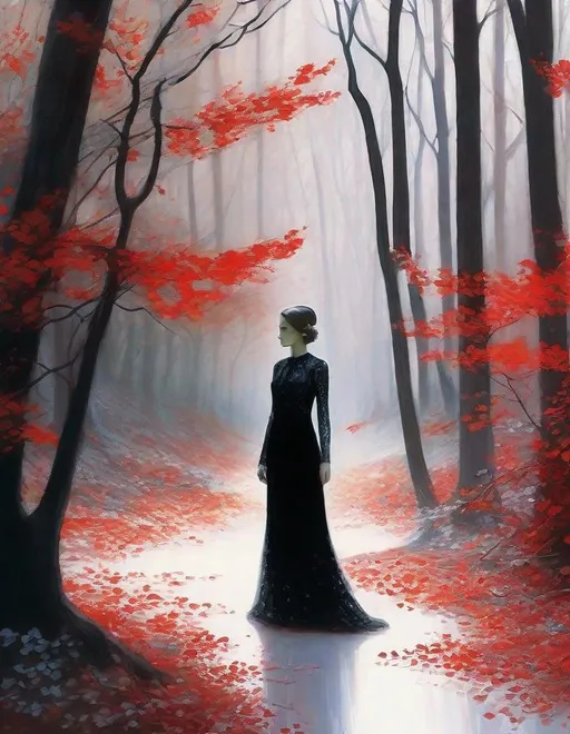 Prompt: A beautiful young lady, beautiful face, wearing opalescent black dress in a ghostly forest of white stem trees with red leaves, god rays through the tees, rim lighting, art by Camille Vivier,  Yves Saint-Laurent, Paolo Roversi, Thomas Edwin Mostyn, Hiro isono, James Wilson Morrice, Axel Scheffler, Gerhard Richter, pol Ledent, Robert Ryman. Guache Impasto and volumetric lighting. 3/4 portrait, Mixed media, elegant, intricate, beautiful, award winning, fantastic view, 4K 3D, high definition, hdr, focused, iridescent watercolor and ink