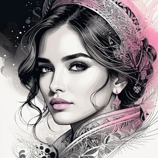 Prompt: A beautiful woman face, closeup, CAD drawing, Petros Afshar style, modern european ink painting, intricate lines drawings, decoupage, black, pinkand white gradient coloring, a detailed drawing